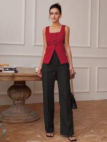 女款方領短袖前開扣開衩下擺休閒寬鬆舒適背心上衣，老錢風短版露背商務休閒上衣 - 酒紅色 - 查看 3