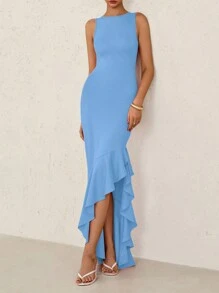 Women's Summer Elegant Slim Dress Sleeveless Peplum Mermaid Cocktail Wedding Guest Formal Dress - Màu xanh nhạt - Xem 1