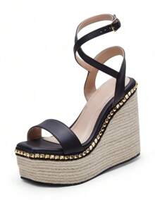 Tacones Beige de Plataforma Tejida con Estoperoles - Negro - Ver 5