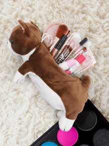 Bolsa de maquillaje 1pc, Perro de peluche lindo, Bolsa de cosméticos de lino, cremallera de seguridad, sin fragancia, Bolsa de cosméticos portátil multifuncional para viajes para mujeres, Regalo para hermanas y amigas de San Valentín, cumpleaños y graduaciones - Marrón - Ver 2
