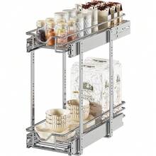 2 Tier Pull Out Cabinet Organizer (11" W X 18" D) Heavy-Duty Metal Sliding Drawer Shelf, Two Tier Pull Out Shelves For Kitchen Cabinets, Pantry, Bathroom, Chrome Finish
