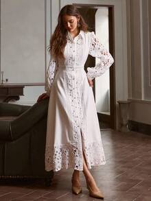 Simplee 女士春夏新款优雅纯色蕾丝拼接纽扣装饰连衣裙，婚礼宾客礼服，复古风格