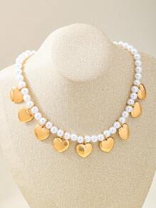 1 Classic Faux Pearl Necklace Paired With Heart-Shaped Pendant Necklace Suitable For Daily Dating And Gift Giving