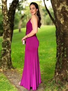Long Party Dress With Lined Cups, Elasticity, Straps In Shiny Rhinestones, Cut-Out, Front Slit, Fluid Mesh, Fluid And Elegant Fit, One Size Fits 36 To 42 - fuchsia - View 2