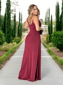 Long Party Dress With Lined Cups, Elasticity, Straps In Shiny Rhinestones, Cut-Out, Front Slit, Fluid Mesh, Fluid And Elegant Fit, One Size Fits 36 To 42 - Redwood - View 4