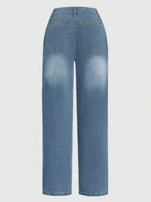 Women's Double Breasted Stitched Low Waisted Flared Jeans, Non Elastic, Loose, Comfortable Casual Denim Wide Leg Pants