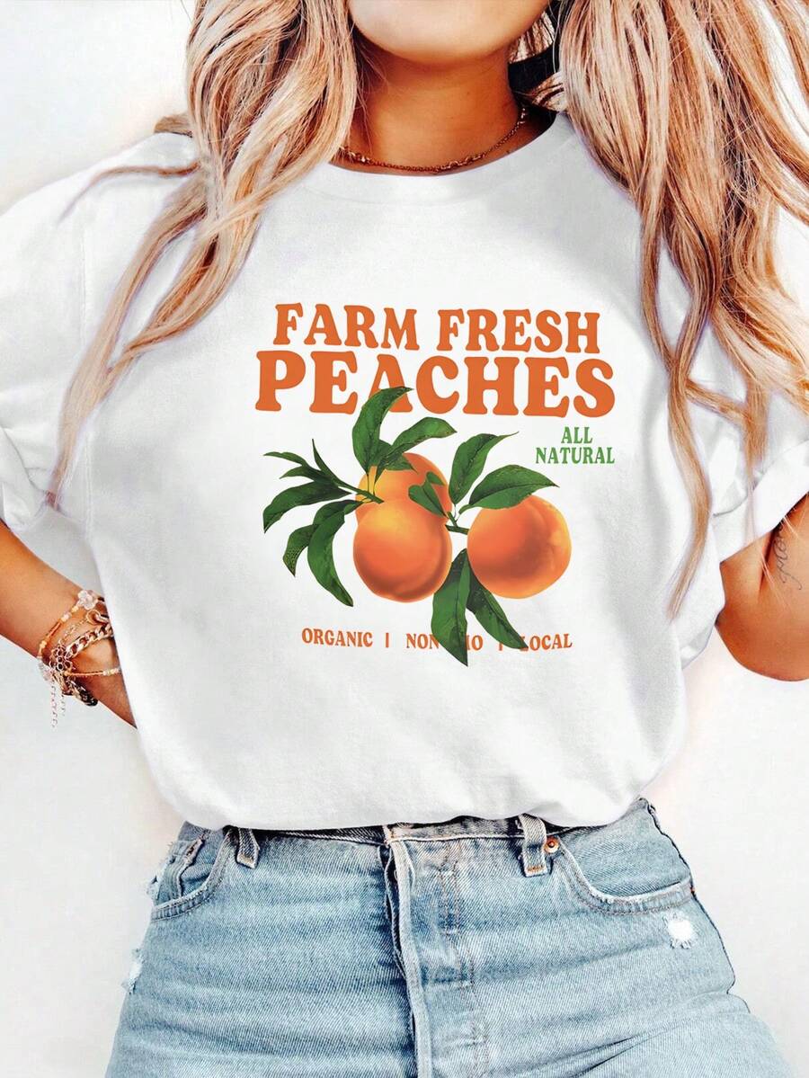 Fresh Peach Hand Painted Print Women Simple Short Sleeve T-Shirt - White - View 1