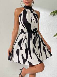 Vestido elegante con volantes sin mangas con estampado para mujeres, primavera/verano - Negro - Ver 1
