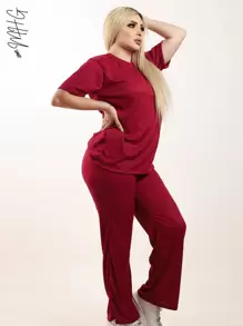 Conjunto de 2 Piezas Oversize Unicolor para Dama Mujer Amplio y Holgado de Blusa de Cuello Redondo Unicolor con Manga Corta y Hombros Caídos Cómoda y Pantalón Oversize Holgado Unicolor Sin Bolsillos Moda Otoño Primavera y Verano Estilo Casual y Versatil para Todo Tipo de Ocasion - Color caoba - Ver 6