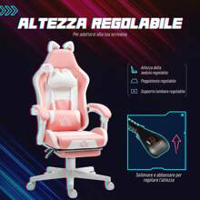 HOMCOM Sedia Gaming Ergonomica con Orecchie da Gatto, Poltrona Gaming Ufficio Reclinabile in Finta Pelle con Poggiapiedi, Poggiatesta Regolabile, Supporto Lombare e Cervicale, Altezza Regolabile, Rosa