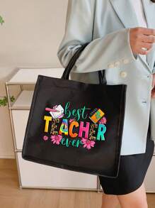 Creative Teacher Alphabet Printed Linen Handbag,Big Bag With Small Bag,Khaki Color Block Shopping Bag - Black - View 8