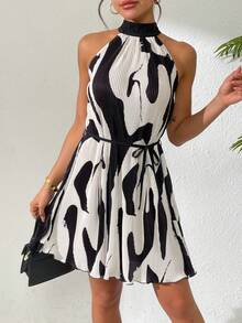 Vestido elegante con volantes sin mangas con estampado para mujeres, primavera/verano - Negro - Ver 3