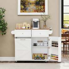 Rolling Kitchen Island Kitchen Island Cart With Drop Leaf Trash Can Cabinet Black/White - 白色 - 查看 2