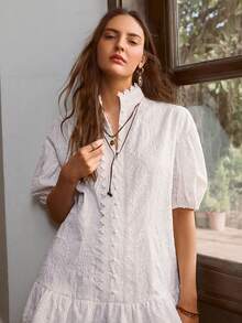 Simplee Women's Summer New Embroidered Ruffle Trim Front Button Closure Short Dress, Bohemian Style, Suitable For Music Festivals, Vacations, Outings, And Dates White - White - View 6