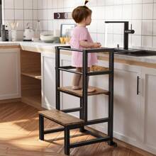 INNOD Toddler Kitchen Step Stool, Adjustable Height Learning Tower With Rail, Steel & Wood Kitchen Stool For Kids, Toddler Helper Stool For Kitchen, Non-Slip Toddler Tower - Coffee Brown - View 1