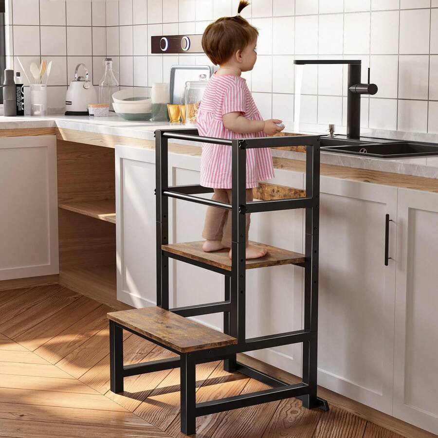 INNOD Toddler Kitchen Step Stool, Adjustable Height Learning Tower With Rail, Steel & Wood Kitchen Stool For Kids, Toddler Helper Stool For Kitchen, Non-Slip Toddler Tower - Coffee Brown - View 1