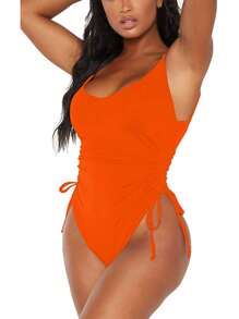 Women Casual Swimsuit, U-Shape Collar Sleeveless Pleated One-Piece, Army Green/ Orange/ Khaki/ Black - Orange - View 2