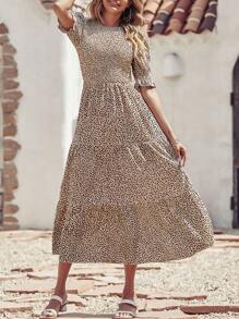 Women Casual Summer Crew Neck Ruffle Short Sleeve Floral Print Polka Dots Smocked Dress Button Keyhole Back Spring Boho Bohemia Tropical Flowy Beach Holiday Vacation Valentine Long Maxi Dress - 咖啡波點 - 查看 3