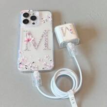 Étui de téléphone en TPU avec motif graphique lettre "M" et fleurs, 5-en-1 avec protecteur de câble de données compatible avec le câble de charge rapide Apple. Compatible avec iPhone 11/12/13/13Pro Max/14/14Pro/14Plus/14Pro Max/15/15Pro/16/16Plus/16Pro Max/16Pro/15Pro Max XR XSM. Ensemble d'étui de protection - Multicolore - Voir 2