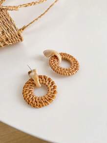 1 Cặp bông tai gỗ hình lục giác hình giọt nước tròn dệt cổ điển - màu nâu - Xem 3