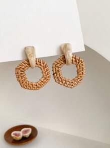 1 Cặp bông tai gỗ hình lục giác hình giọt nước tròn dệt cổ điển - màu nâu - Xem 4