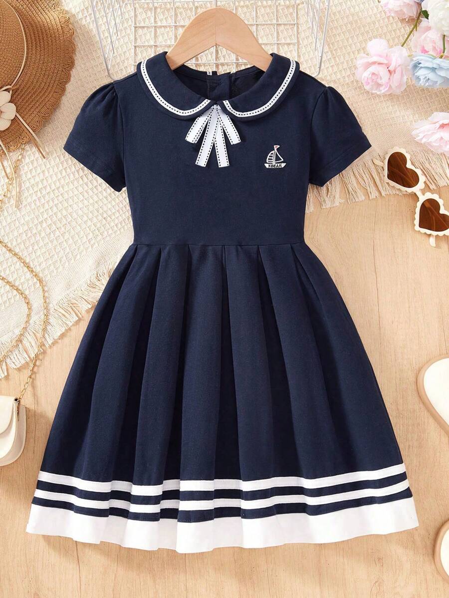 Girls Casual Peter Pan Collar Bow Decor Mini Dress, Elegant College Style Short Sleeve Princess A-Line Dress, Summer New Arrival - Blue - View 1