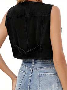 Women's Solid Color Denim Vest Sleeveless V Neck Slim Fit Trendy Button Up Tank Tops
