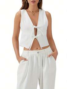 Camisetas sin mangas de mezclilla para mujer, ajustadas, con escote en V profundo y lazo frontal, de color liso, para verano - Blanco - Ver 2