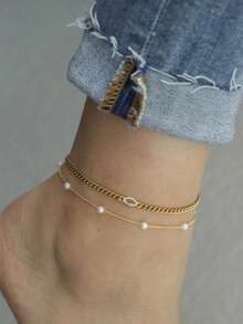 2 Pcs Gold Minimalist Chain Anklets With Cubic Zirconia,Demon Eye & Pearl Decorations, Unique Women Jewelry Gift - Yellow Gold - View 2