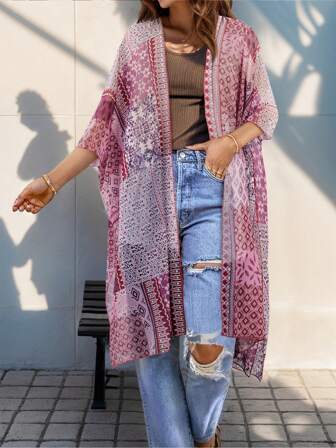 Women's Retro Printed Beach Vacation Kimono Cover Up, For Summer