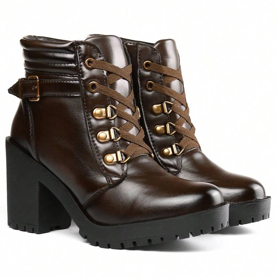 Women's Combat Boot High Heel Smooth Shaft Short Tractor Comfortable Lightweight And Stylish - Coffee Brown - View 1