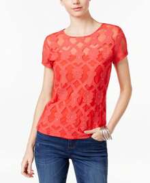 INC International Concepts Petite Embroidered Illusion Top - Red - View 2