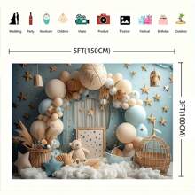 1 pieza Fondo de fotografía de cumpleaños precioso, selección de varios tamaños, fondo de fotografía para fiesta, osito marrón, globo azul estrellado, decoración de banderines de fiesta, decoración interior/exterior, hogar, jardín, patio, fondo de fotografía para mesa de pastel, decoración para celebraciones de cumpleaños, el regalo de cumpleaños perfecto