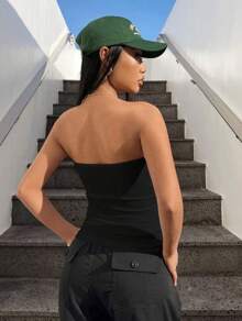 Women's Summer Look Strapless Ribbed Cropped Top - Black - View 2