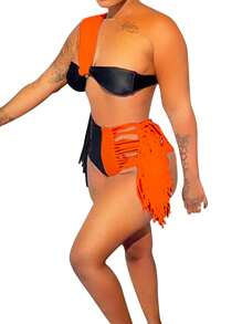 Women's Sexy Contrast Color Bikini, Sleeveless Off-shoulder Tops Briefs Swimsuit, Classic Tassel Decoration Two-pieces Set - naranja - Ver 6