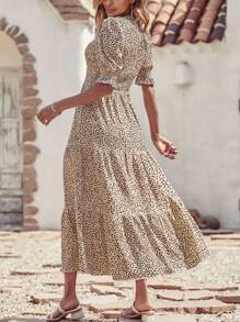 Women Casual Summer Crew Neck Ruffle Short Sleeve Floral Print Polka Dots Smocked Dress Button Keyhole Back Spring Boho Bohemia Tropical Flowy Beach Holiday Vacation Valentine Long Maxi Dress - 咖啡波點 - 查看 2