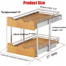 2 Tier Pull Out Cabinet Organizer (14" W X 21" D) Slide Out Wood Shelf Double Tier Kitchen Wire Basket With Chrome Finish…