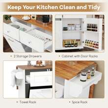 Rolling Kitchen Island Kitchen Island Cart With Drop Leaf Trash Can Cabinet Black/White - 白色 - 查看 8
