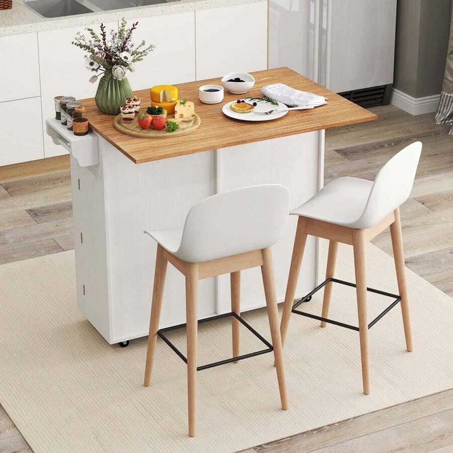 Rolling Kitchen Island Kitchen Island Cart With Drop Leaf Trash Can Cabinet Black/White - 白色 - 查看 1