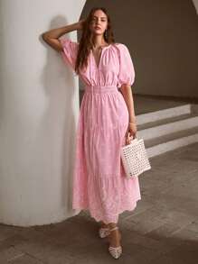 Simplee Women's Spring New Embroidered Lantern Sleeve Tie-Up Long Dress, Vacation Outfits, Birthday Dress, Back To School