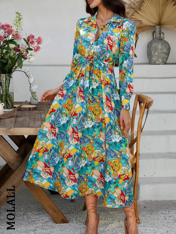 Vestido de camisa de manga comprida com estampa floral e renda boêmia de primavera