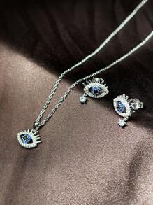 1 Set 925 Silver Zirconia Blue + Silver Eye Lash Design Earrings Pendant Necklace Set, Lightweight Luxury Creative Jewelry Set, Suitable For Ladies Wear In Daily Gatherings And Parties - Blue - View 6