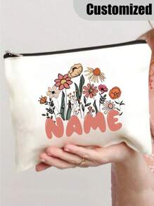 [Custom Made] Polyester Flower Design Cosmetic Bag For Women - Waterproof, Large Capacity,Personalized Name,Unscented, Portable Zip Makeup Pouch, Travel Essential, Gift For Flower Lovers - Exclusive Gift,Portable,Multifunction,Versatile,Large Capacity,Lightweight,Functional,Practical,All-Purpose,Colorful,Cute,Adorable,Kawaii,Y2K,Vacay Vibes/Vacation,Leisure,Commuting,Business Casual,Custom,Personalized,Unique,Customized,Travel Bag,Toiletry Bag,Girlfriend,Boyfriend,Family,Friends,For Outdoors/Outings/Travel/Hiking/Stadium/Sports/Climbing,For Business/Commute/Work/Office - Beige - View 4