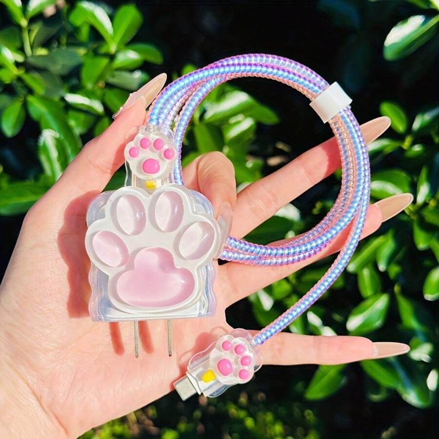 5pcs/Set 3D Cartoon Pink Paw Print TPU Charging Adapter Protector Case Compatible With Apple 18W/20W Adapter, Ideal Gift For Girlfriend, Valentine's Day