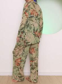 Kimono And Wide-Leg Pants Beach Cover-Up Set - 橄欖綠 - 查看 4