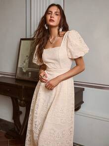 Simplee Women's Summer New Arrival Heavy Lace Lantern Sleeve Party Dress, Suitable For Party, Birthday, Wedding - Apricot - View 6