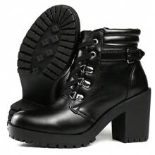 Women's Combat Boot High Heel Smooth Shaft Short Tractor Comfortable Lightweight And Stylish - Black - View 7