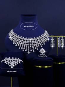 5pcs White Gold Plated Luxury Royal Style Tassel Leaf Design Bridal Wedding Jewelry Set, Handset White Cubic Zirconia, Including Necklace, Bracelet, Earrings, Ring, Suitable For Daily Wedding, Wedding Anniversary Gift (Gift Box Packaging) Included