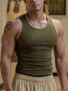 Men's Casual Basic Star Boy Style Cotton Tank Top - Army Green - View 2
