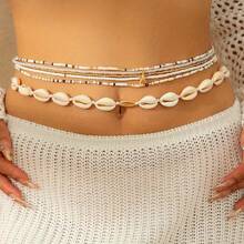 6pcs Bohemian Shell Pendant Multi-Layer Pearl Beaded Waist Chain, Handmade Elastic Body Chain For Summer Beach Fashion - Waist Chain - View 9